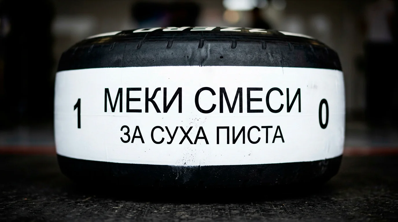 Близък план на цветните ленти на F1 гуми, обозначаващи различни съединения