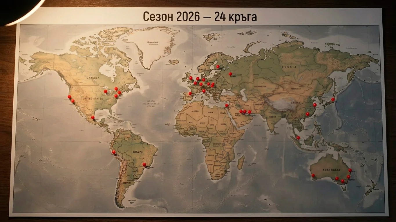 Карта на 24 кръга от сезон 2026 на F1 с дебют на Мадрид и финал в Абу Даби