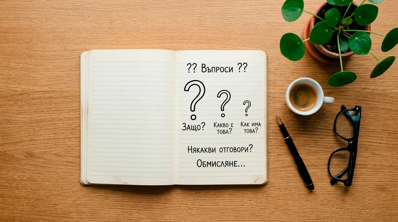 Лист с въпросителни знаци и кратки бележки върху бюро до чаша кафе