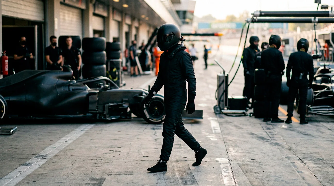 Концентриран F1 пилот в каска върви през пит лейн към болида си