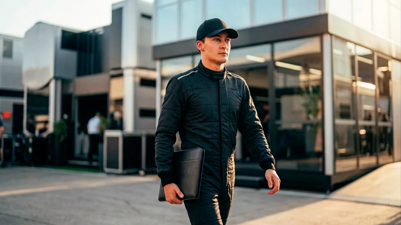 F1 пилот в paddock зона преди преговори за нов договор и заплата