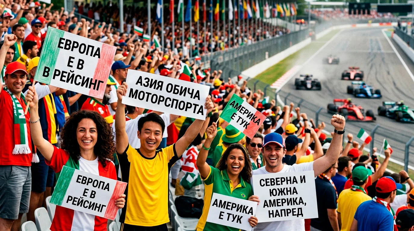 Разнообразни F1 фенове от различни региони на света на трибуни