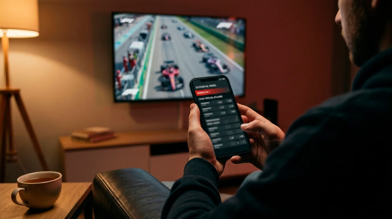Тълпа фенове с шапки и знамена по протежение на трибуните на F1 писта