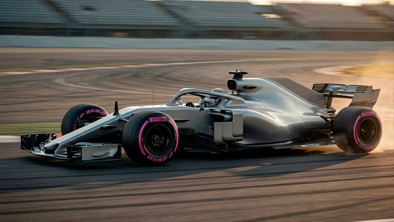 F1 болид на свежи меки гуми атакува fastest lap в късни обиколки на състезание
