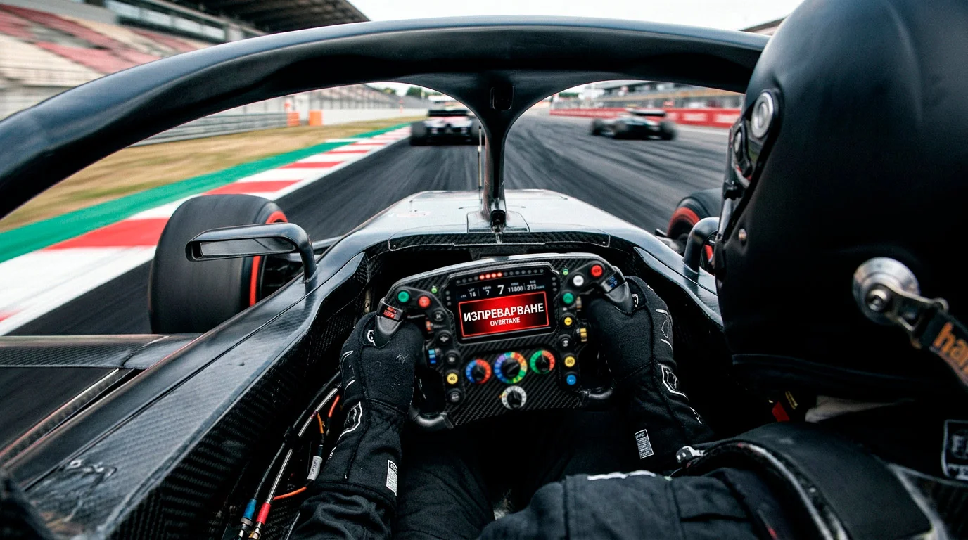 Пилот в кокпита на F1 болид активира overtake mode по време на състезание