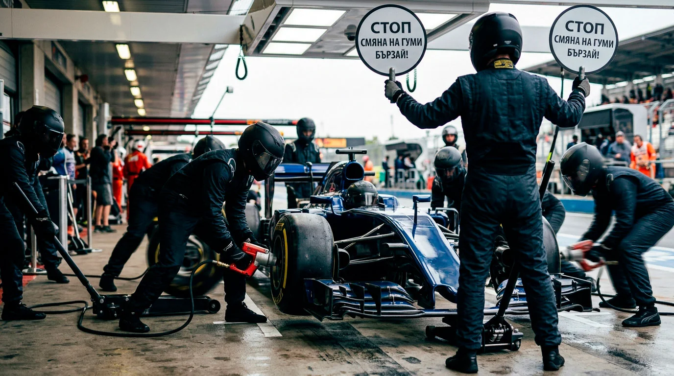 F1 пит крю прави бърза смяна на гумите под safety car период