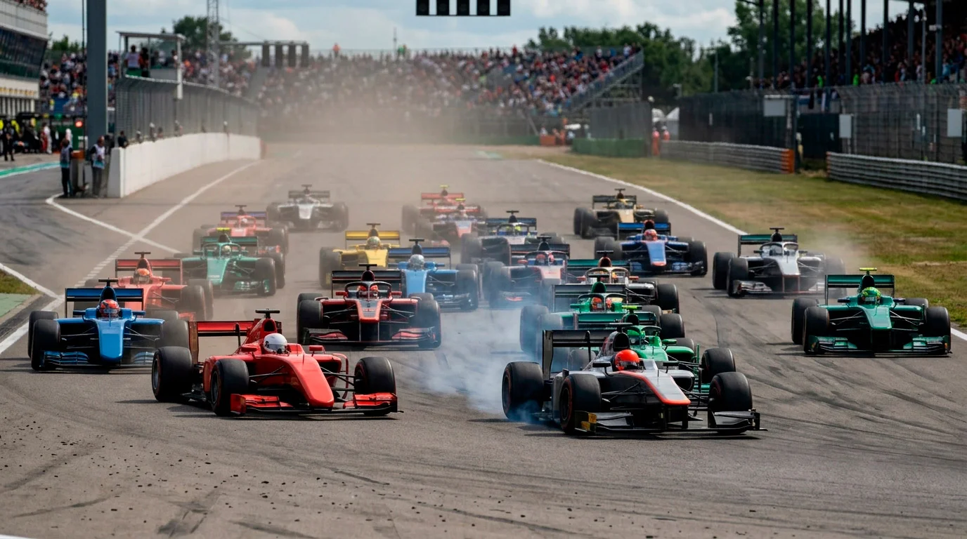 Старт на F1 състезание видян от далечно разстояние