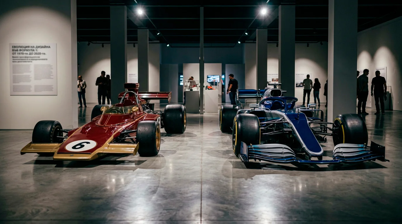 Два F1 болида от различни ери един до друг в музейна зала