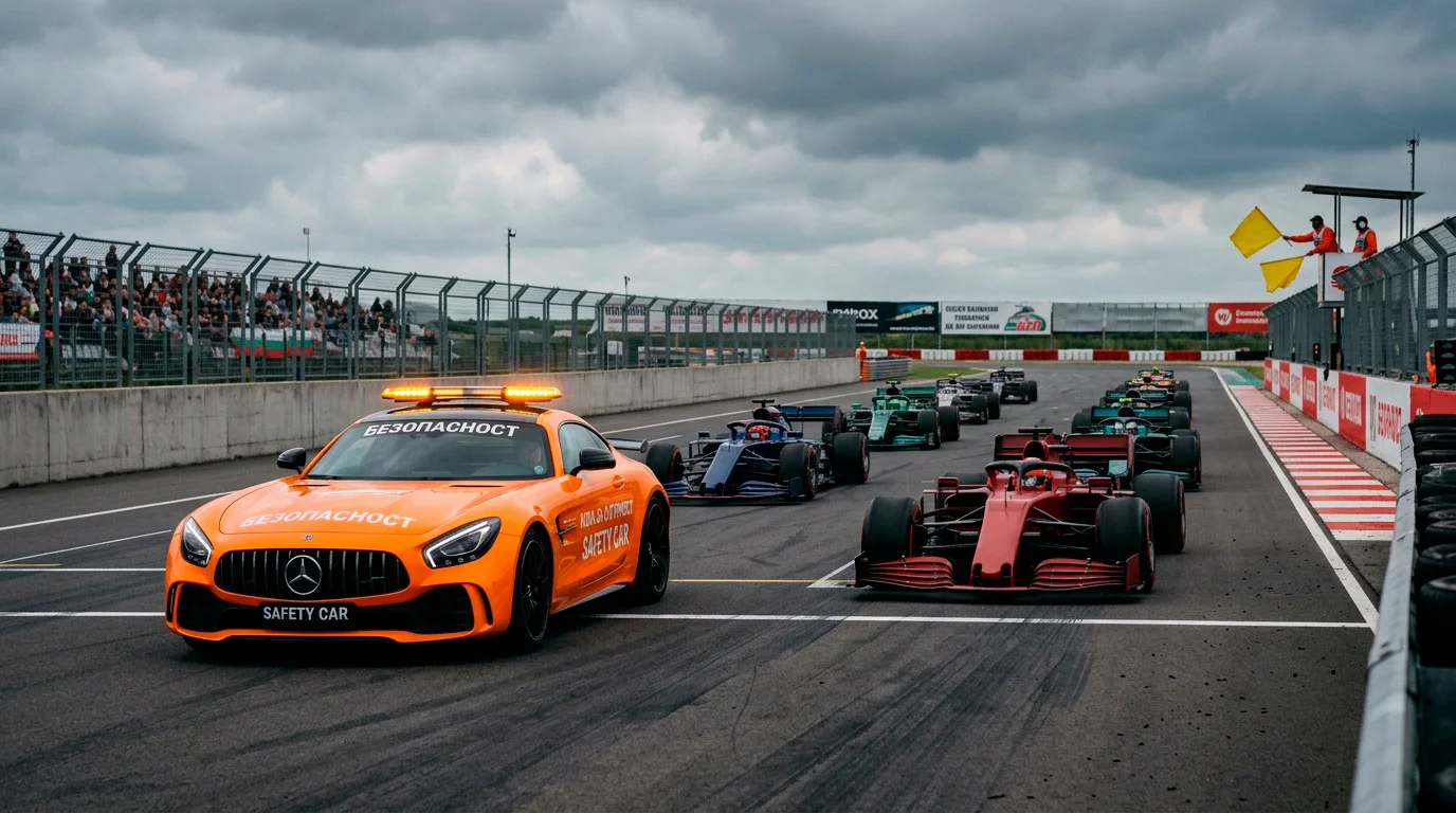 Safety car води F1 болиди по пистата по време на инцидент в Гран при