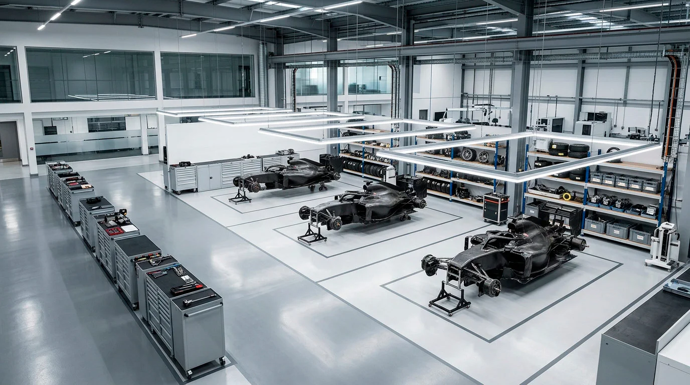 Заводски цех на F1 отбор с инженерен персонал — основа за оценка на актива
