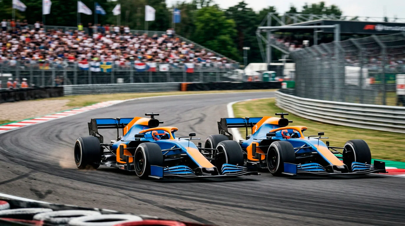Двама F1 пилоти от един отбор се борят за позиция на пистата