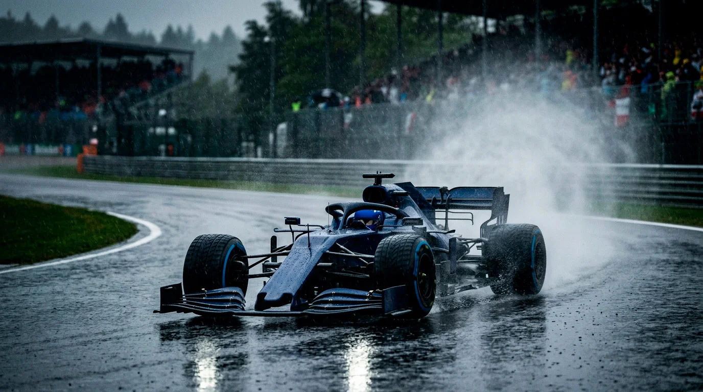 F1 болид кара по мокър асфалт с пръски от гумите