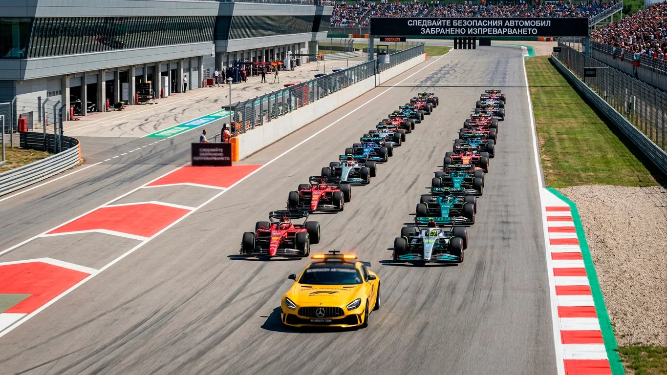 FIA safety car води групата от F1 болиди по пистата при безопасностна процедура