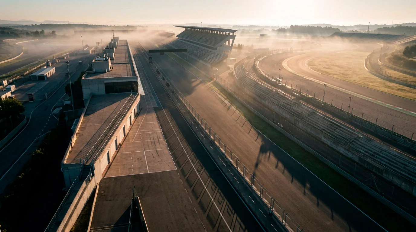 Изглед от въздуха на празна F1 писта на разсъмване — старт на сезон 2026