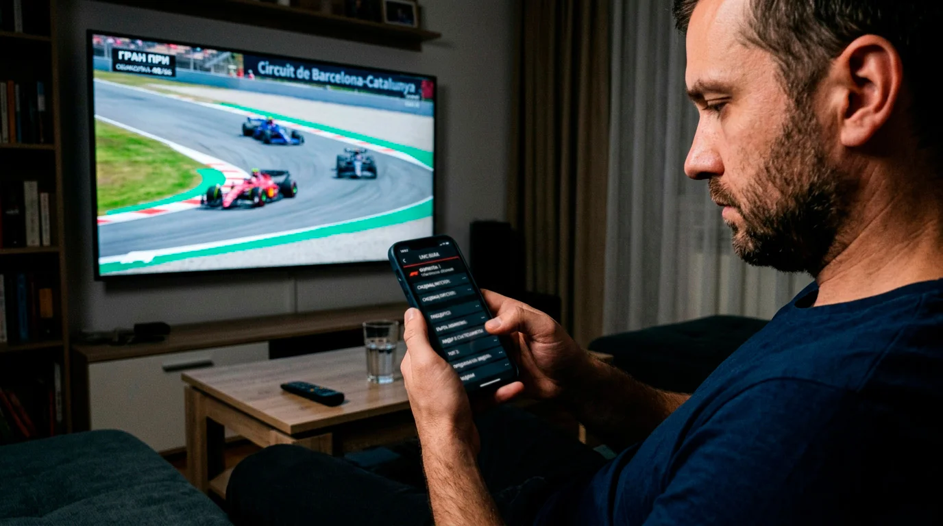 Човек гледа F1 на телевизора с телефон в ръка по време на in-play залог