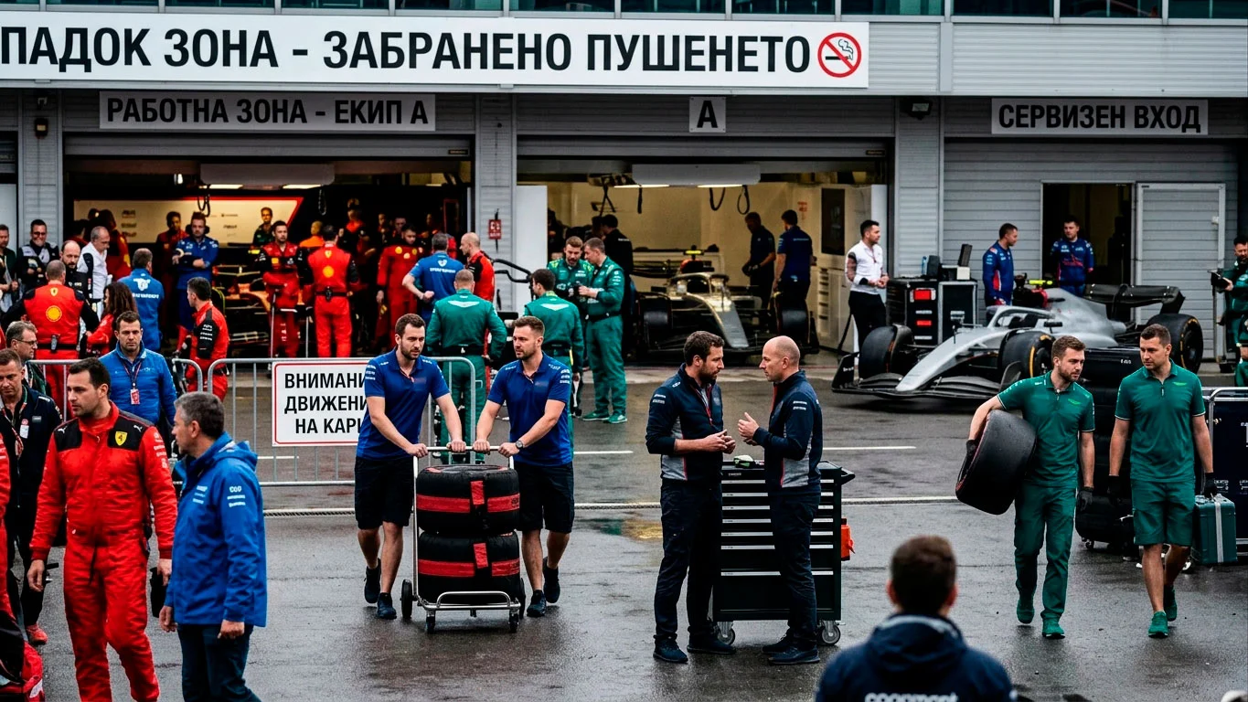 Журналисти и инженери в paddock зона по средата на сезона