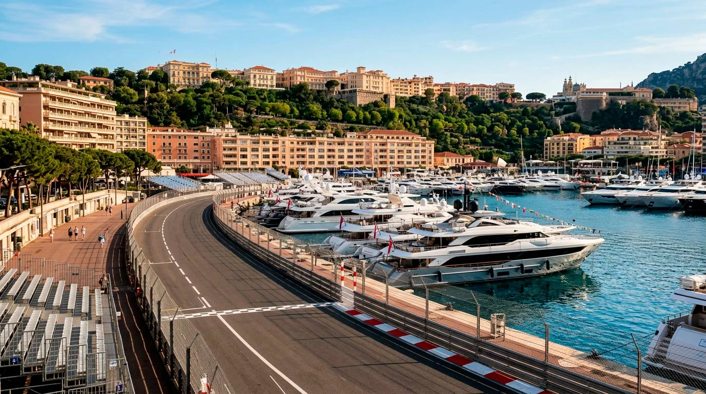 F1 болид преминава покрай яхтите в пристанището на Монако по време на Гран при