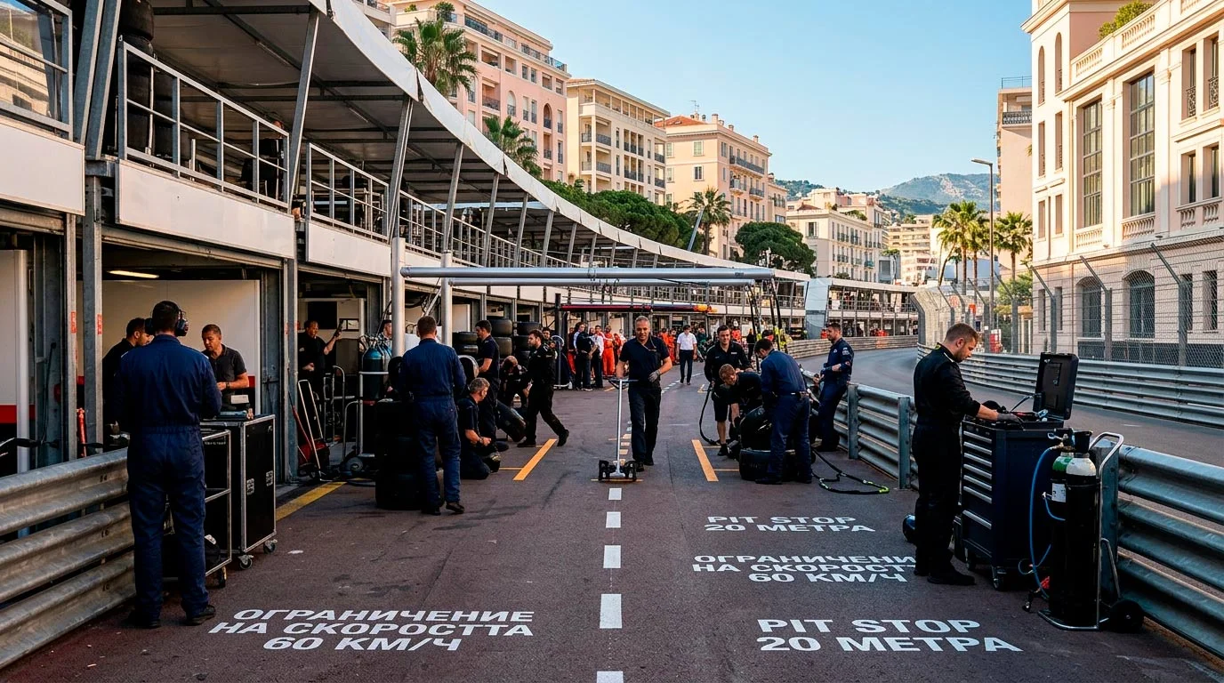 Pit lane подготовка с тесните боксове характерни за Монако