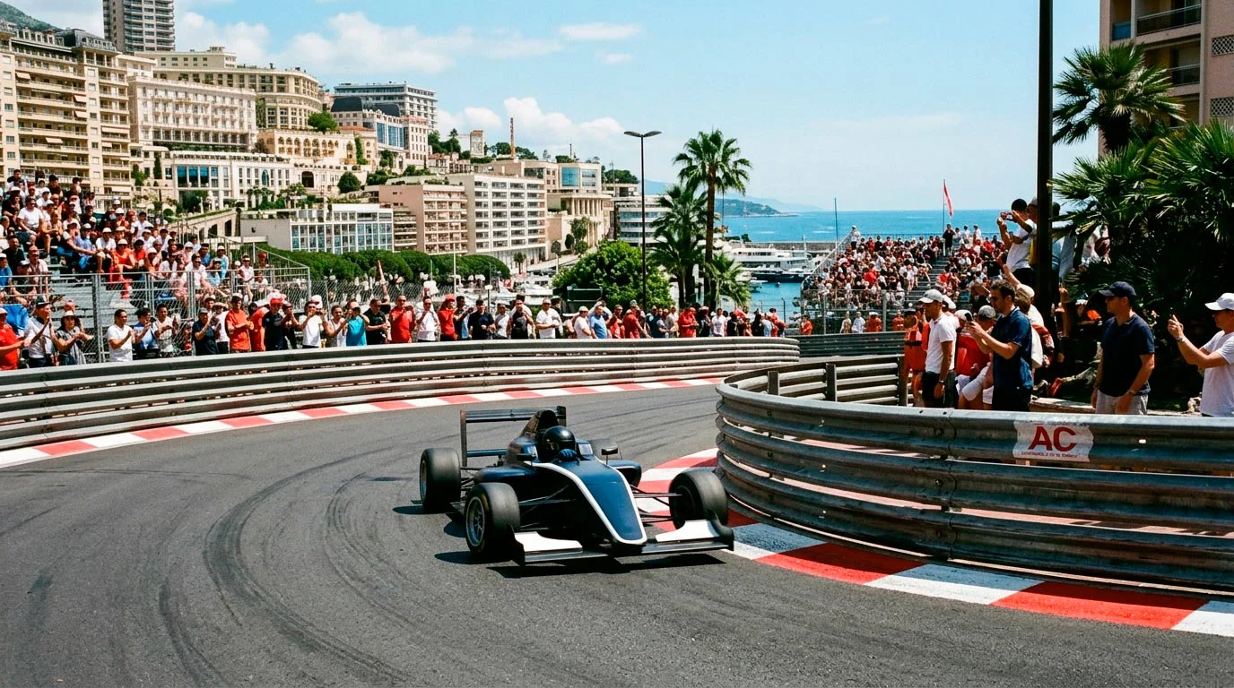 Изключително тесен Monaco завой с бариери почти на асфалта