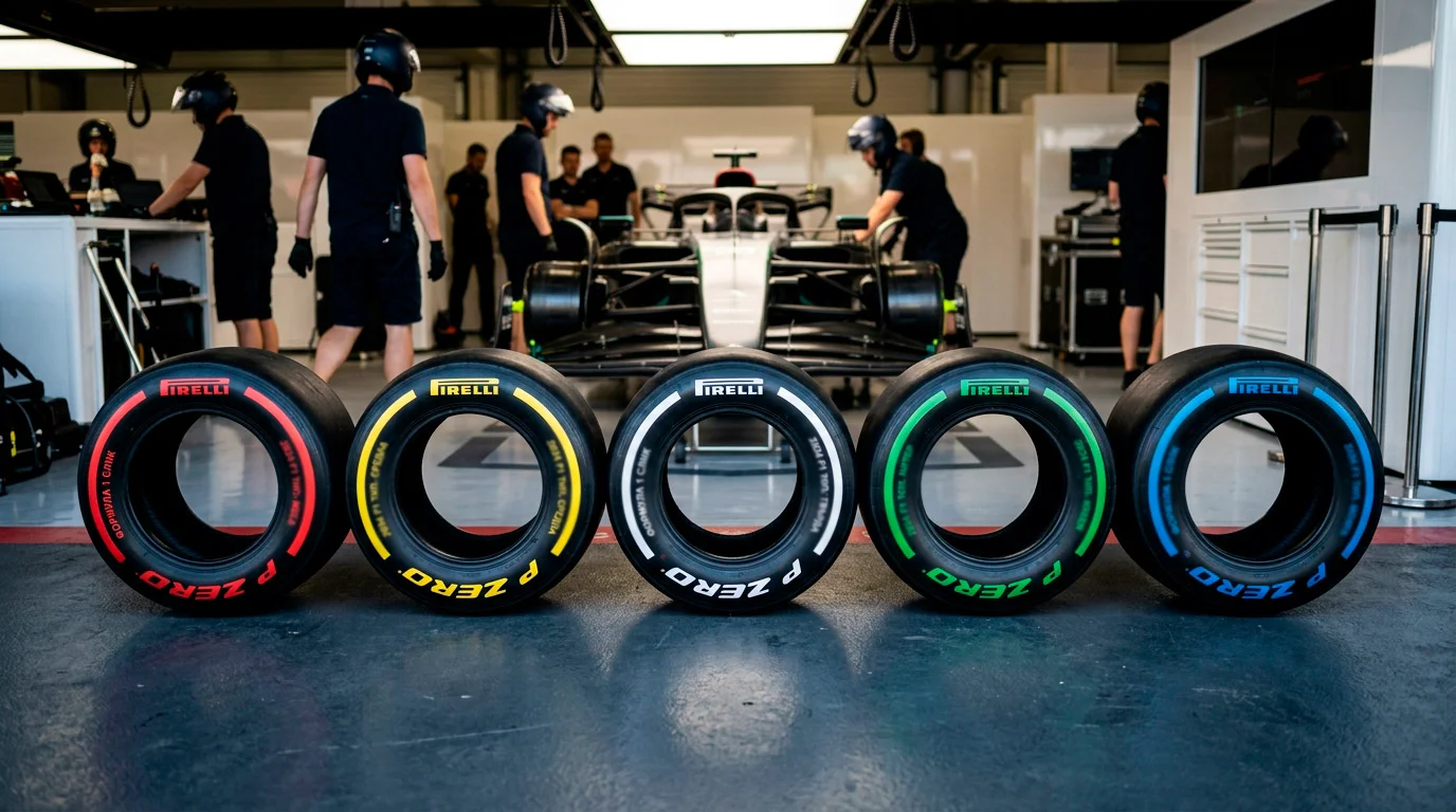 Стек от F1 гуми на Pirelli с различни цветни маркировки за съединенията