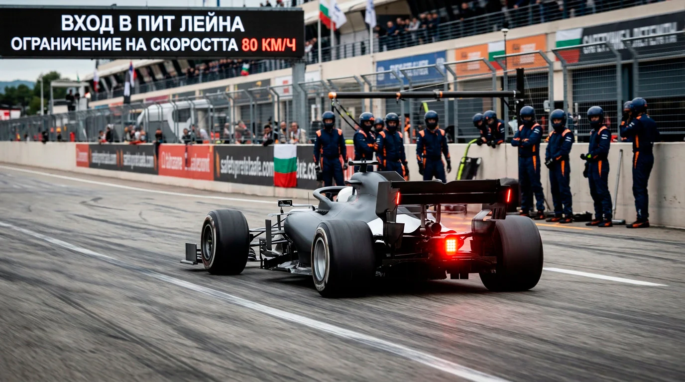 F1 болид влиза в pit lane със светнат limiter за стоп