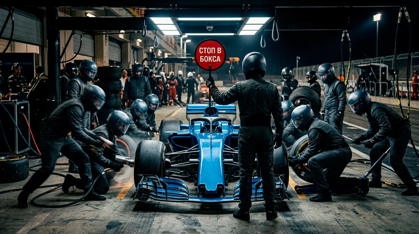 Механиците на F1 отбор сменят гумите на болида по време на пит стоп — момент, в който се решават състезания