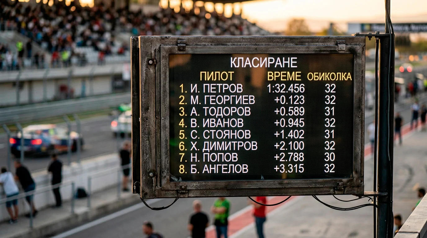 Електронно табло с квалификационни времена и две имена на върха