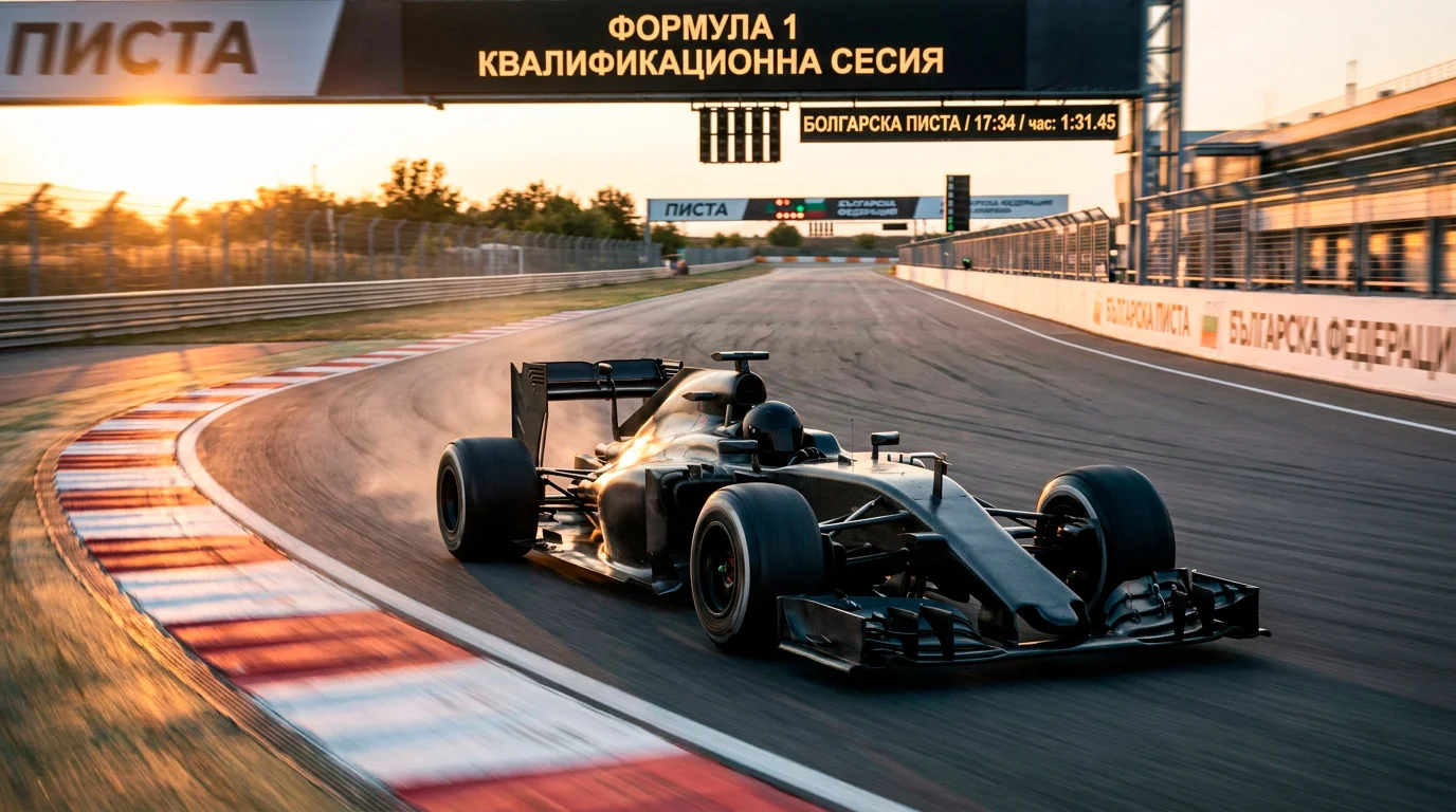 F1 болид на полета по време на квалификационна обиколка под прожектори