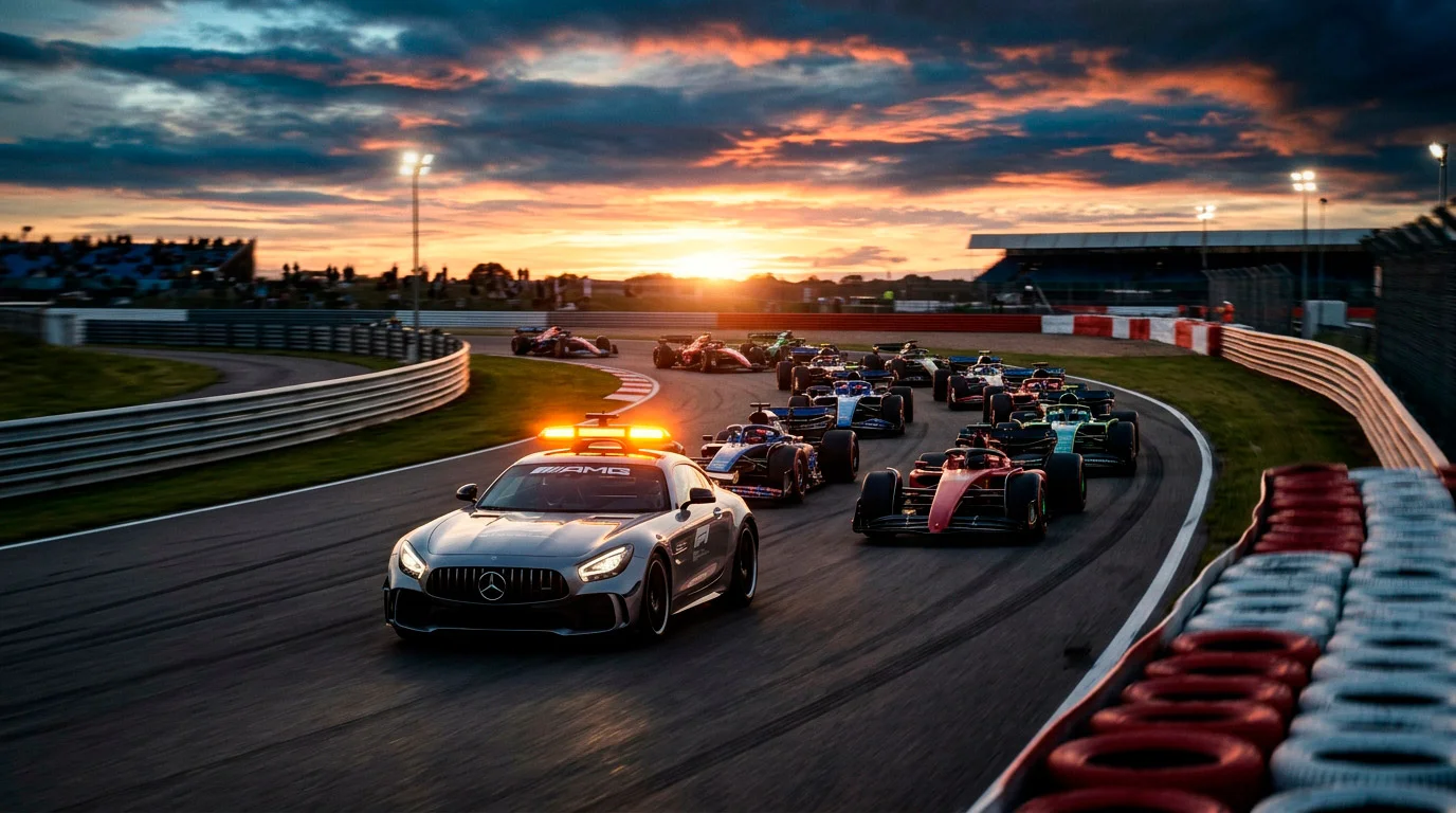 Safety car излиза на пистата по време на Гран при — момент, в който коефициентите се пренареждат