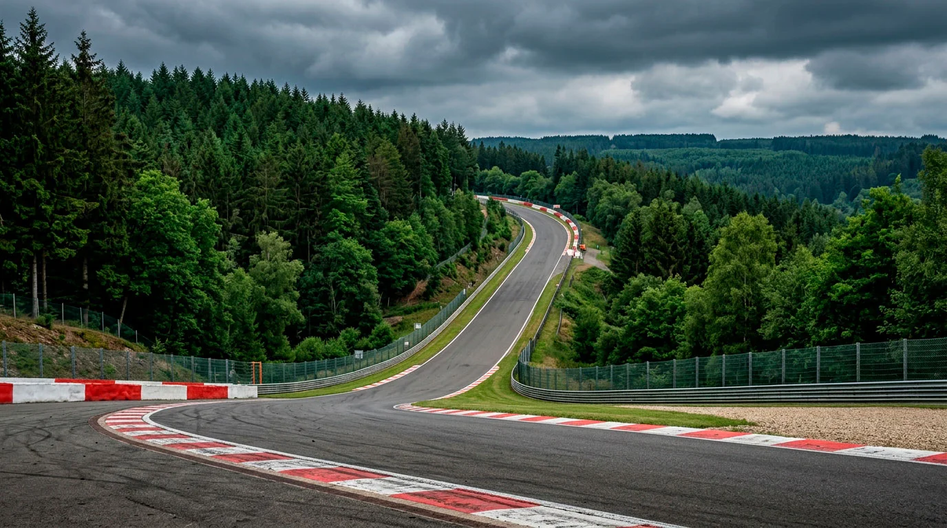 F1 болиди преминават през Eau Rouge и Raidillon в Спа-Франкоршан