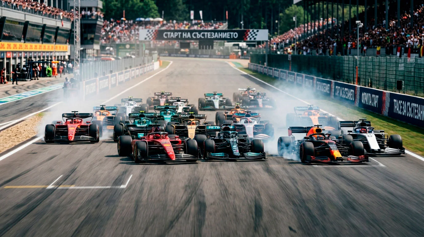 Старт на F1 спринт състезание с тесно групирани болиди