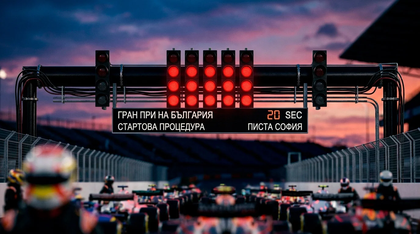 Червените стартови светлини светят преди старта на спринт състезание