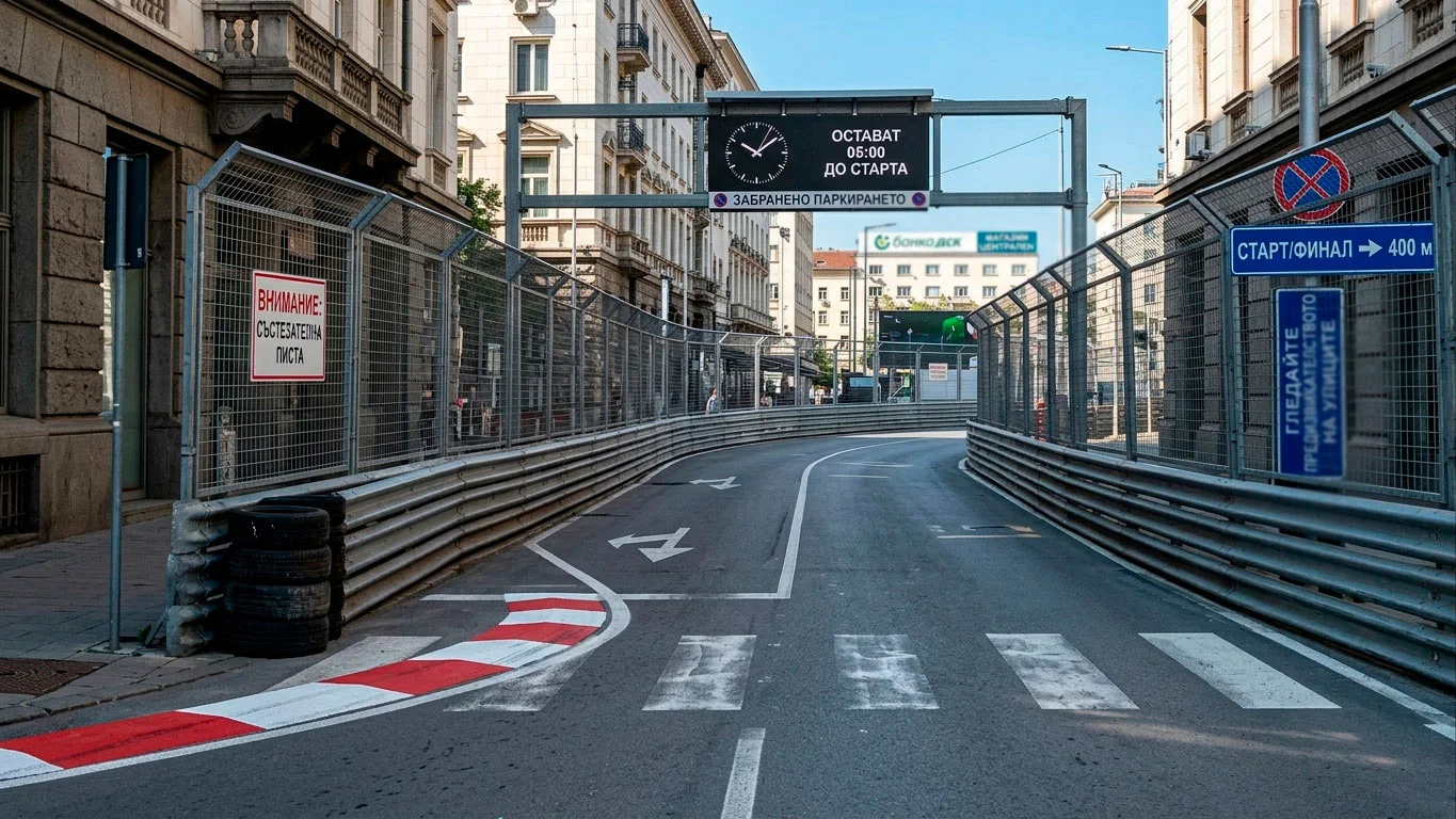 Улична писта с Armco бариери близо до асфалта в градска среда