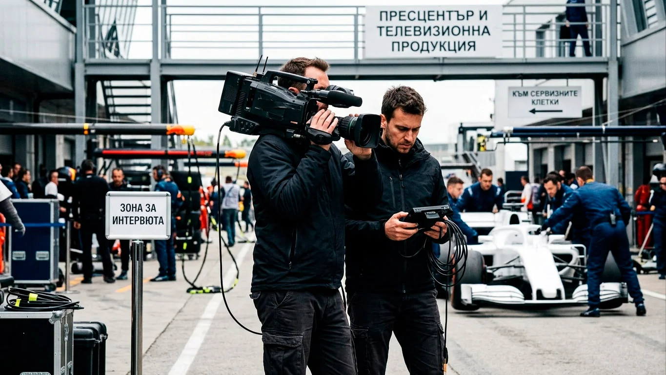 Снимачен екип със спортна камера в paddock зона
