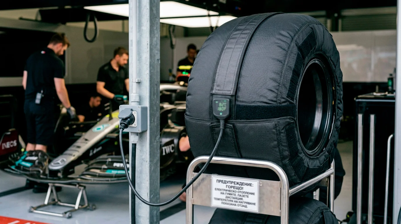 F1 гума загрява в електрически чорап-нагревател преди излизане