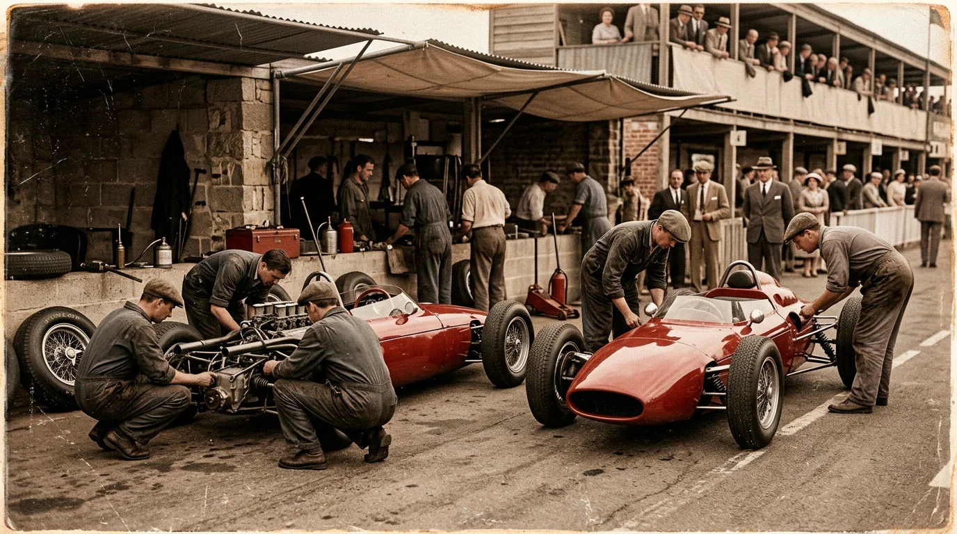 Исторически архивен пит сним на стари F1 болиди