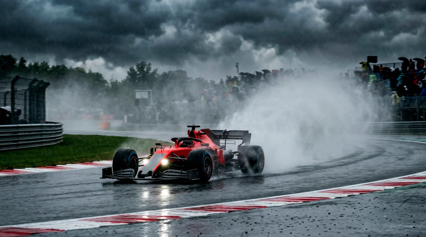 F1 болид кара през дъжд с пръски вода от гумите