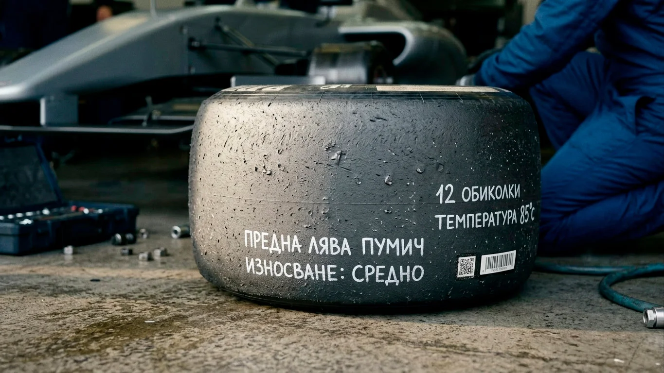 Износена F1 гума с видими блистери и графиране след дълъг стинт